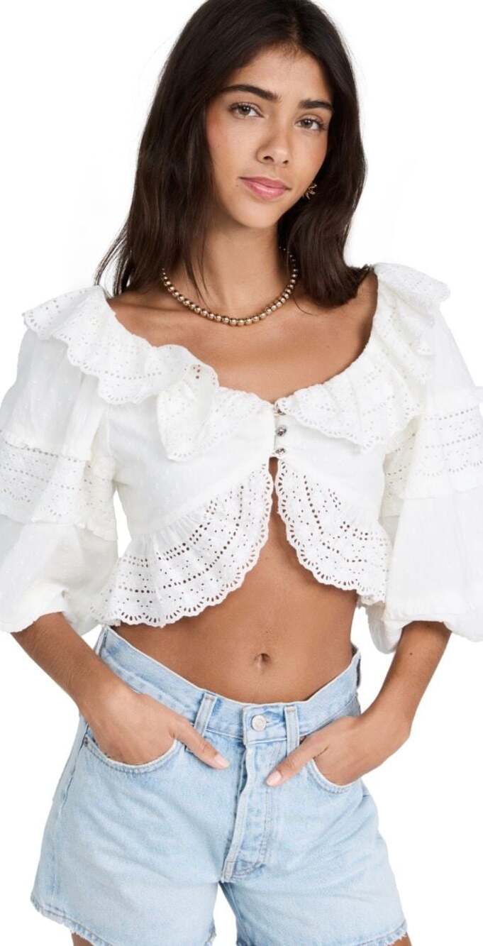 FARM Rio White Puff Sleeve Eyelet Crop Top